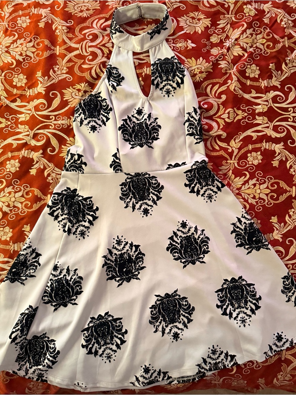 White Halter Skater Dress with Black Damask Print